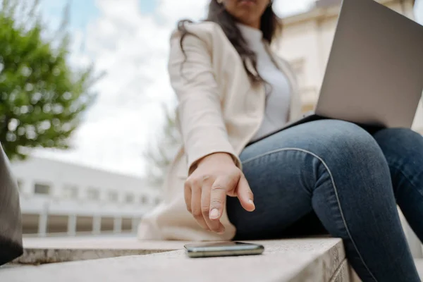 Businesswoman Holding Laptop Computer Using Mobile Phone Touching Screen Working — Foto de Stock