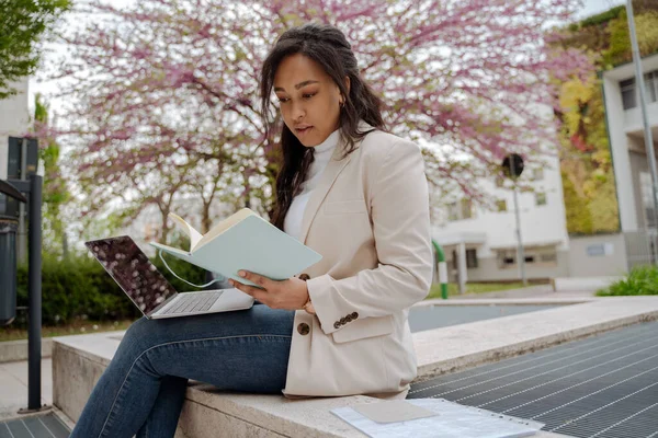 Portrait Confident Student Studying Reading Book Sitting University Campus Education — Foto Stock