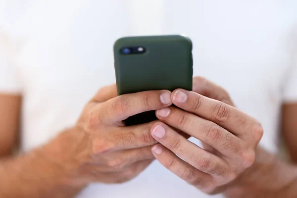 Closeup Man Hands Using Mobile App Shopping Online Checking Email — Foto de Stock