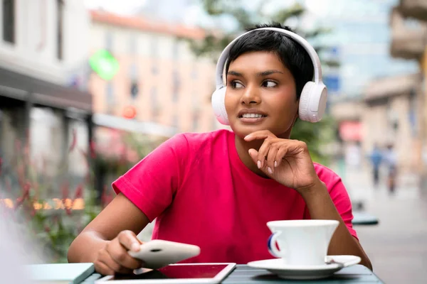 Beautiful Smiling Asian Woman Listening Music Wearing Wireless Headphones Drinking — Stock Photo, Image