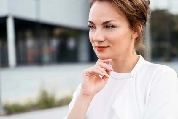 Close Portrait Pensive Stylish Middle Aged Businesswoman Looking Away Copy — Stock Photo, Image