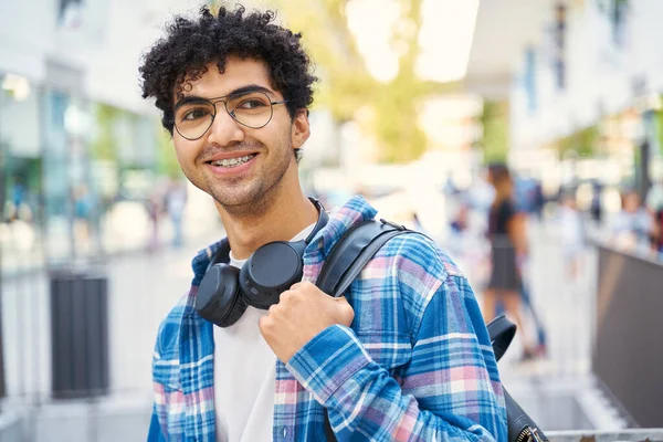 Middle Eastern Man Smiling Looking Away Backpack Standing Street Urban — Stock Photo, Image