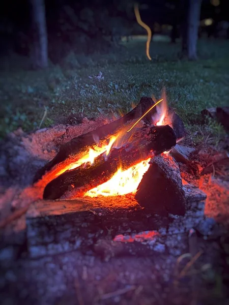 Campfire at a lake in the middle of summer.