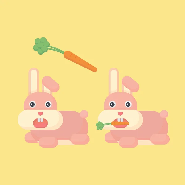 Pink Rabbit Eating Carrot Kawaii Flat Cartoon Vector Illustration — стоковый вектор