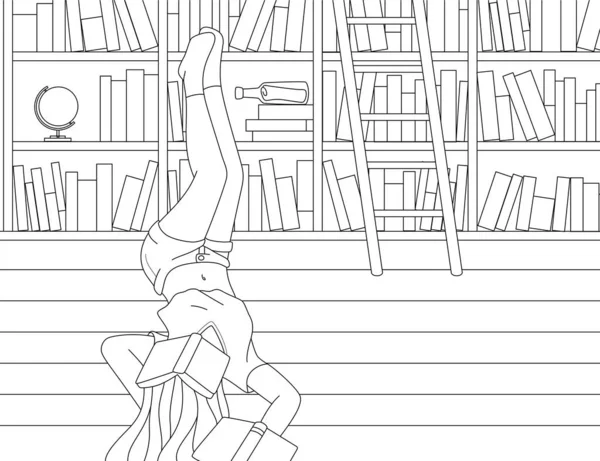 Woman Sleep Library Black White Coloring Book Outline Vector Illustration — Stok Vektör