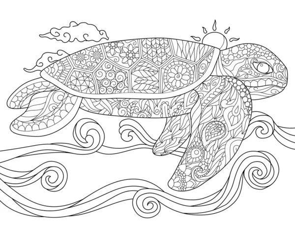 Turtle Undersea Black White Coloring Book Outline Vector Illustration — Archivo Imágenes Vectoriales