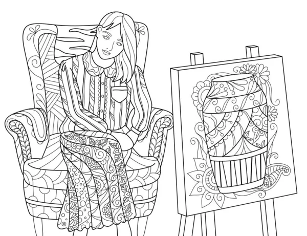 Draw Female Model Black White Coloring Book Outline Vector Illustration — Stok Vektör