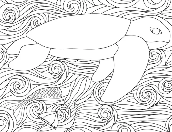 Turtle Undersea Black White Coloring Book Outline Vector Illustration - Stok Vektor