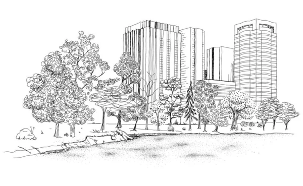 Canal Central Park Surrounded Buildings Retro Old Line Art Etching — Vector de stock