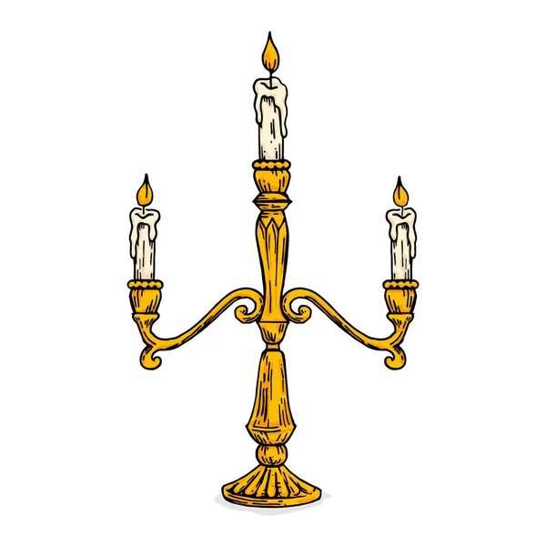 Candle Flame Lit White Candle Candlestick Retro Old Line Art — Vector de stock