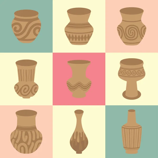 Many Brown Vases Jar Earthenware Background Illustration — Vettoriale Stock