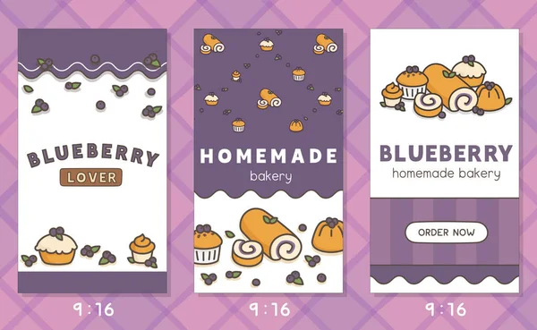 Blueberry Bread Purple Template Mockup Banner Kawaii Doodle Flat Cartoon — Stok Vektör