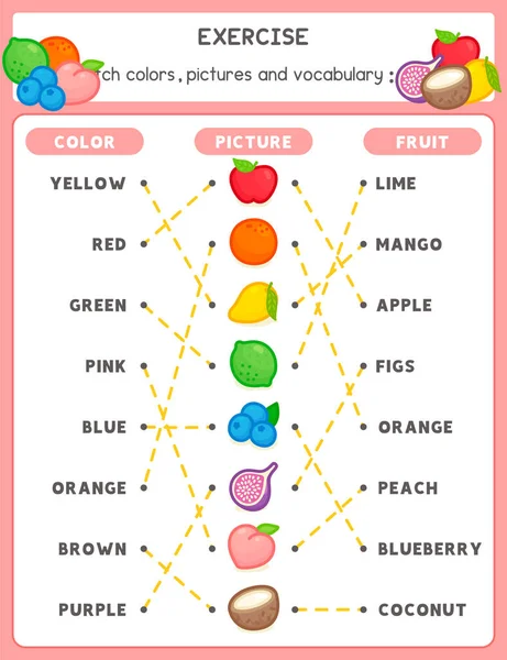 Draw Line Matching Words Picture Fruits Exercises Sheet Kawaii Doodle — Vettoriale Stock