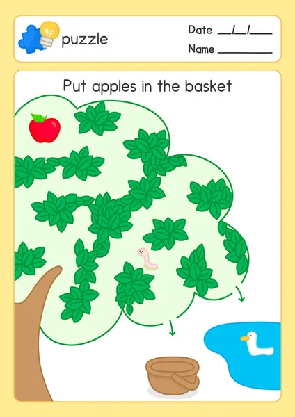 Put Apple Basket Maze Game Exercises Sheet Kawaii Doodle Vector — Vettoriale Stock