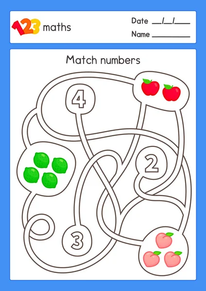Match Numbers Counts Fruits Maze Game Maths Subject Exercises Sheet — Archivo Imágenes Vectoriales