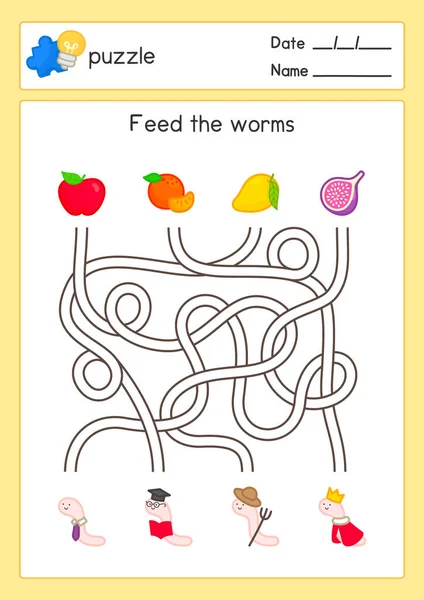 Feed Fruit Worms Maze Game Exercises Sheet Kawaii Doodle Vector — Vettoriale Stock