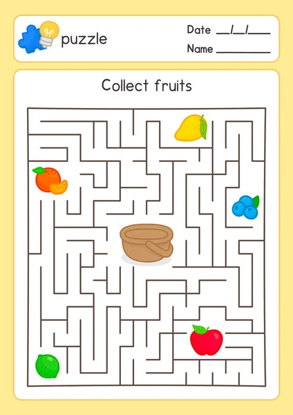 Put Fruit Basket Maze Game Exercises Sheet Kawaii Doodle Vector — Vettoriale Stock