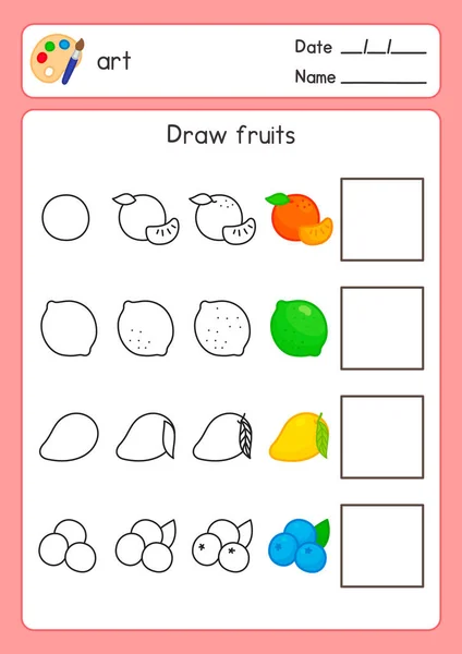 Draw Line Follow Example Fruit Coloring Art Subject Exercises Sheet — 스톡 벡터