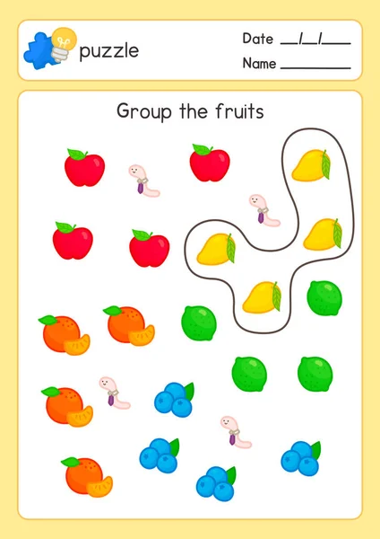 Group Same Fruit Exercises Sheet Kawaii Doodle Vector Cartoon — Vettoriale Stock