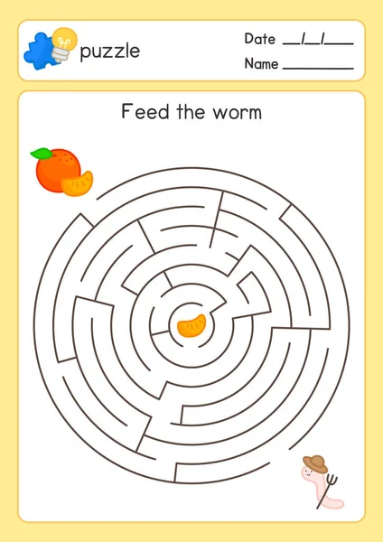 Feed Orange Worms Maze Game Exercises Sheet Kawaii Doodle Vector — Vettoriale Stock