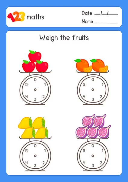 Weigh Fruit Write Scale Maths Subject Exercises Sheet Kawaii Doodle — Vettoriale Stock