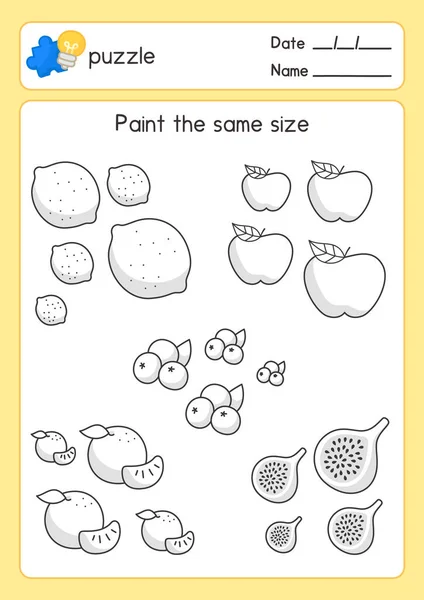 Black White Coloring Fruits Outline Same Size Maths Subject Exercises — Vettoriale Stock
