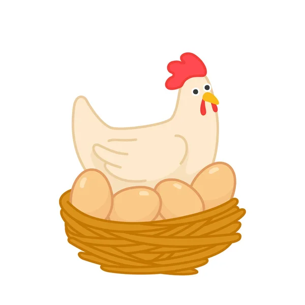 White Hen Incubating Eggs Kawaii Doodle Flat Cartoon Vector Illustration — Wektor stockowy