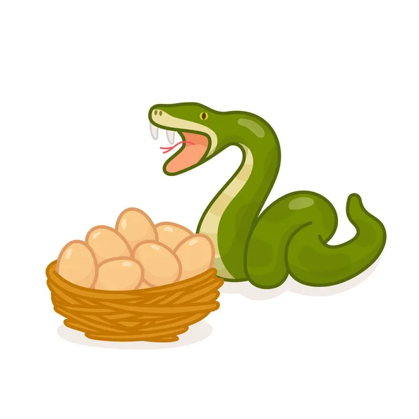 Snake Eat Eggs Nest Kawaii Doodle Flat Cartoon Vector Illustration - Stok Vektor