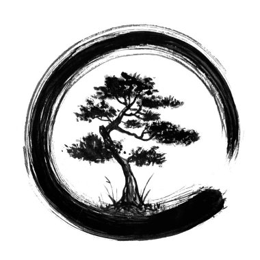 Enso Zen Çemberi ve bonsai ağacı el Fırça Mürekkebi Kara Vektör İllüstrasyonu