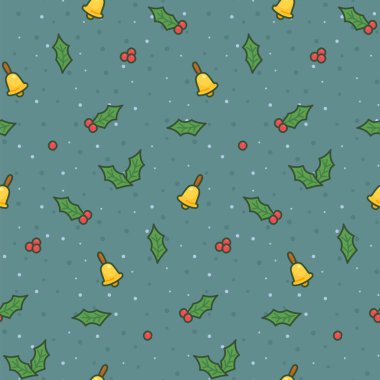 Holly böğürtlen ve el çanı desensiz hediye paketi arka plan kawaii karalama vektör çizimi