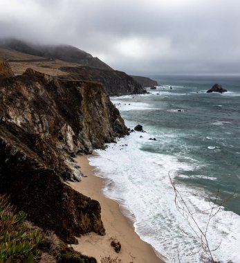 Big Sur Rocky Coastline with Ocean Waves and Cloudy Sky