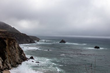 Big Sur Rocky Coastline with Ocean Waves and Cloudy Sky
