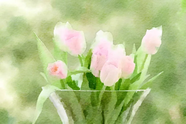 Flower Watercolor Painting Close Flower Bouquet Pink Tulips Glass Vase — Stock fotografie