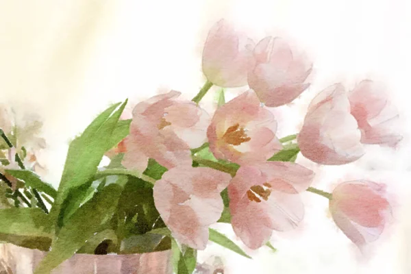 Flower Watercolor Painting Close Pink Tulips Flower Bouquet Vase — 스톡 사진