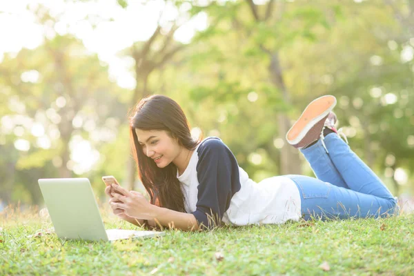 Attractive Girl Play Mobile Phone Laptop Garden — Foto de Stock