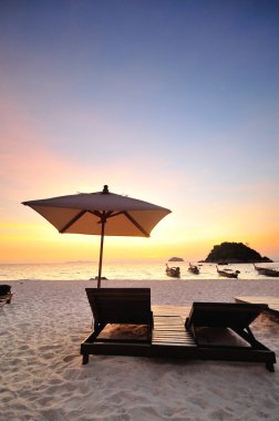 plaj sandalye ve şemsiye kum plaj