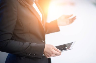 Business girl present. professional investor working new start up project