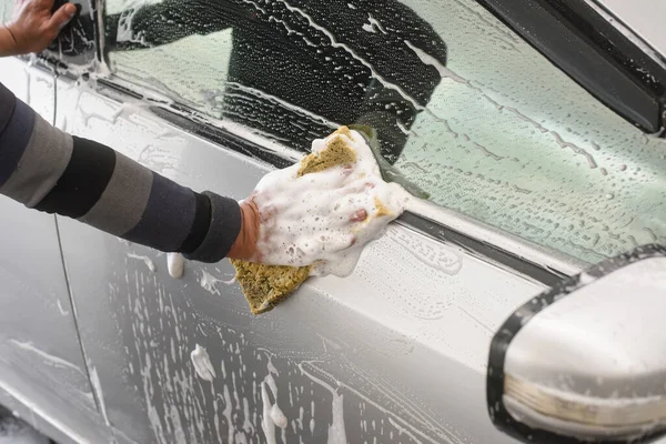 Hand Hold Sponge Car Washing — Stock Photo, Image