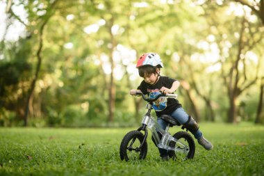Bangkok Thailand - Oct 09, 2016 : happy cheerful child boy riding a bike in Park in the nature