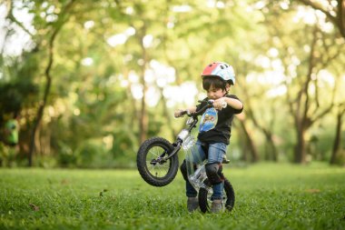 Bangkok Thailand - Oct 09, 2016 : happy cheerful child boy riding a bike in Park in the nature