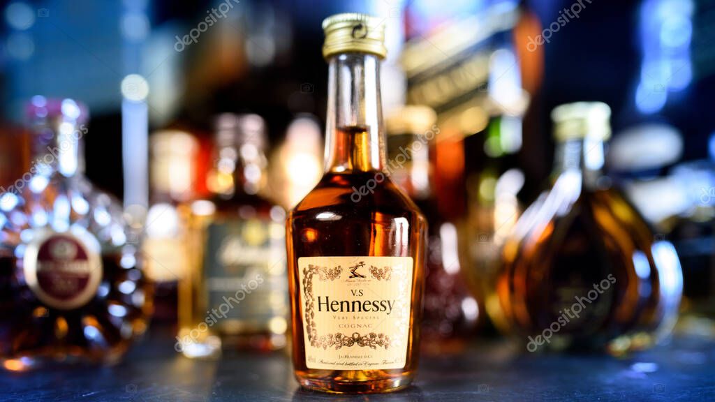 Bangkok Thailand - Aug 17, 2022 : Bottle of Hennessy, a brand of famous cognac from Cognac, France