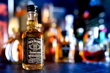 Bangkok Thailand - Aug 17, 2022 : Jack Daniels whiskey, whiskey bottle of whiskey in the basement, whiskey production