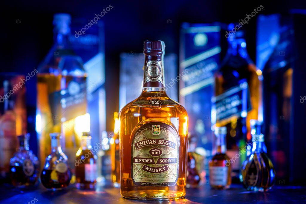 Bangkok Thailand - Aug 17, 2022 : Bottle of Chivas Regal 12, a blended Scotch whisky made from whiskies matured for at least 12 years, produced by Chivas Brothers in Keith, Scotland