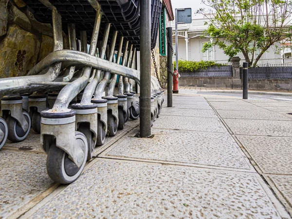 Alışveriş arabası kuyruğu dükkanın önünde..