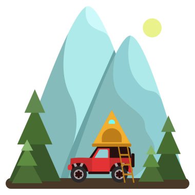 Dağlara tepeden bakan kozalaklı bir ormanda kamp yapmanın vektör çizimi. Etkin eğlence kavramı.
