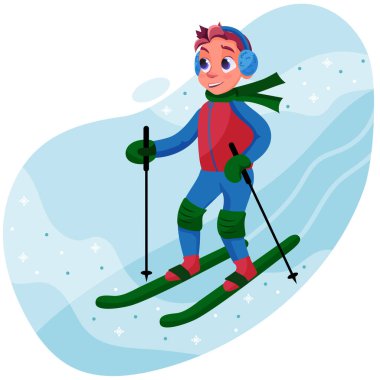 Çocuk kışın kayak yapmaya gider. Çocuk kış sporu ile meşgul. Aktif Noel ve Yeni Yıl tatillerinin temsilcisi.