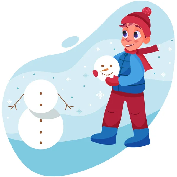 Little Boy Plays Winter Street Sculpts Snowman Blizzard Snow Street — Stock Vector