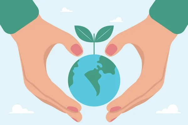 世界生态安全 照顾和支持的概念 牵着绿色世界的手拯救世界 和平或生态 环境保护 — 图库矢量图片
