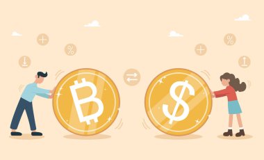 Bitcoin ve kripto para ile dolar parası, bitcoin takası için dolar para, kripto para değişimi için para, cüzdan tazeleme, sanal para. Bir kadın ve bir erkek büyük paralar atıyor..