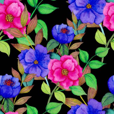 Çiçeklerle suluboya kusursuz desen. Klasik çiçek desenleri. Çiçeksiz desen. Botanik sanatı. Çiçek botanik koleksiyonu. Çiçek seti. Suluboya botanik tasarımı.